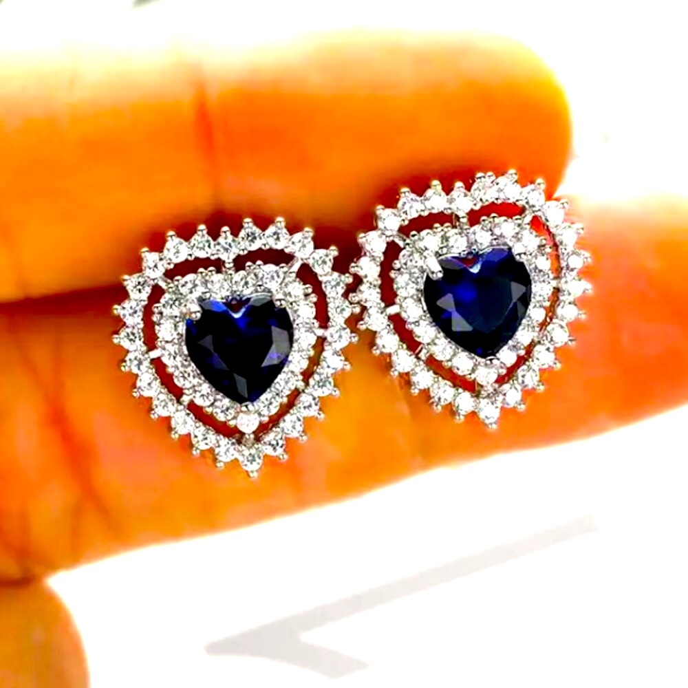 Blue Heart 925 Silver Stud Earrings - Picture 3 of 4